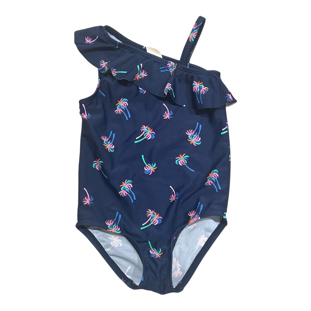 OshKosh B'gosh Toddler Swimsuit Navy Blue w/ Bright Palm Trees Off-Shoulder, 2T